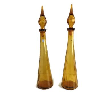 Pair Vintage Art Glass Amber Brown Empoli Bottles Italian Decorative Retro 