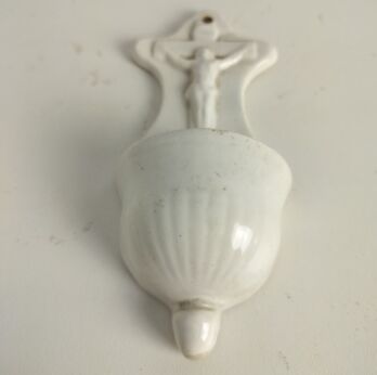 small Sweet antique Holy water font bisque porcelain Crucifixion wall hanging Christianity vessel marked