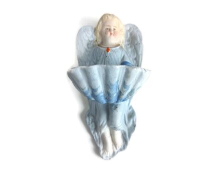 small antique Holy water font pastel blue angel porcelain bisque vessel wall hanging