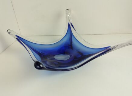 Gorgeous Bowl Dish Centerpiece Blue Clear Art Glass Murano Italy Vintage