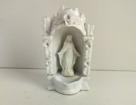 Antique Rare standing Holy water Font vessel Our Lady Madonna Virgin Mary Bisque delicate 