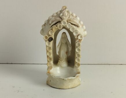 Antique Rare standing Holy water Font vessel Our Lady Madonna Virgin Mary Bisque delicate  small