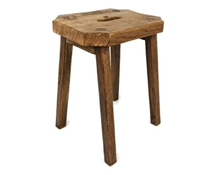 Funky antique Milking stool Plant stand pedestal carved wood, France rustic side table barn style