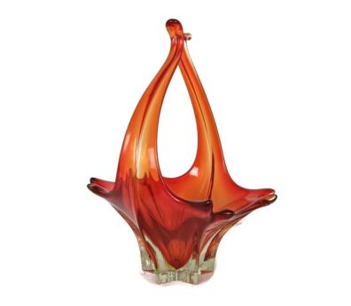 Italian red  Bowl Dish Centerpiece Murano Seguso Art Glass Modernist Basket Vintage