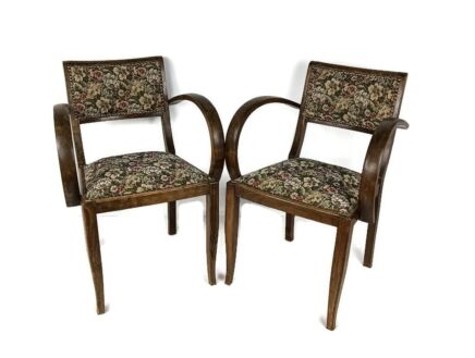 pair art deco bridge chairs wood antique needlepoint fabric hobnails rare find 