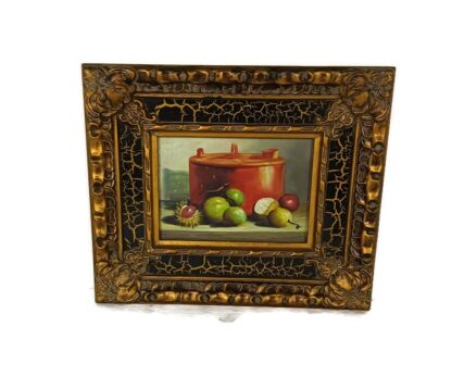 small antique painting on wood gorgeous frame plaster wood ornate still life fruit