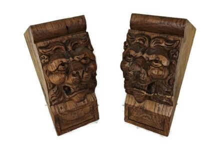 Antique Pair Corbels Hand Carved Wood Architectural reclaimed LIon Heads Trims 