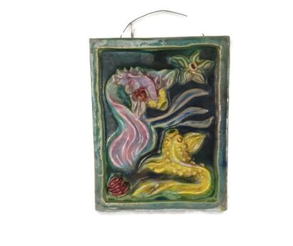 vintage Italian  Wall hanging ceramic pottery fish decor sealife polychrome bas relief 