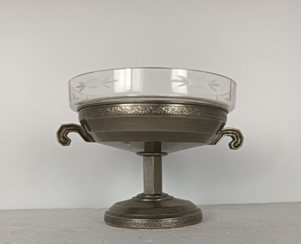 art deco Spelter  Communion dish Bowl Centerpiece Ciborium Tray Etched Glass Catholic Church