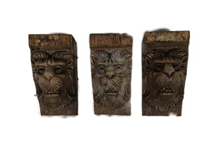 Antique set of 3  Corbels Hand Carved Wood Architectural reclaimed Lion Heads Trims