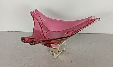 clear Cranberry  Murano Italian art glass centerpiece dish Bowl Mid Century Vintage