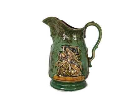 Vintage Majolica Pottery jar pitcher Saint John slaying the dragon 