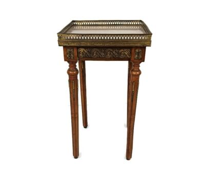 antique side table pedestal plant stand French Empire style, wood brass trims faux marble