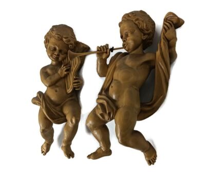 pair carved wooden angels figurines wall hanging musicians flute harp, putti gorgeous vintage 