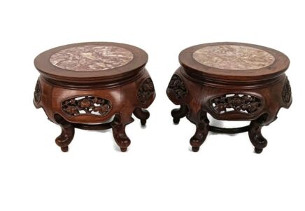 small pair Carved Wood Rosewood Chinese Marble Top Hall Bonsai Tables Pedestals 