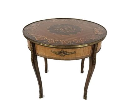 Round Italian marquetry wood inlay brass trims side coffee table Baroque style vintage 