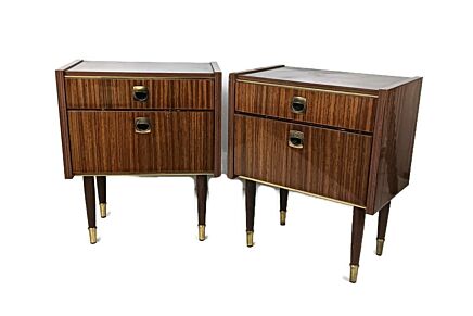 Pair Couple Vintage Nightstands End tables Mid Century Modern Wood Retro  Brown Lackered