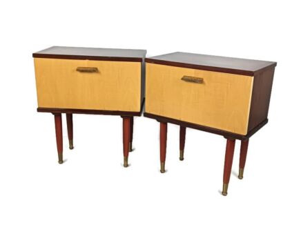 couple vintage nightstands end tables cabinets two toned wood veneer bedroom tables