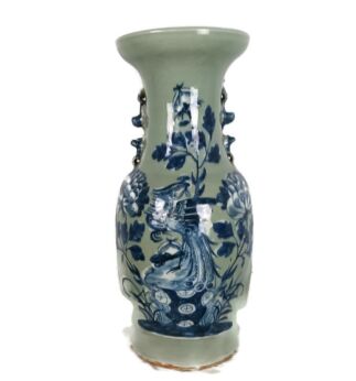 Small Celadon Chinese foo Dog vase Blue white antique hand painted 