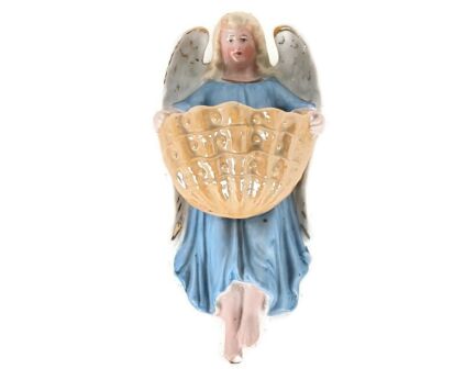 vintage small holy water font vessel porcelain angel polychrome lovely wall hanging 