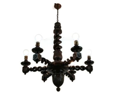 Open Barley twist twisted wooden Wood chandelier 6 lights gorgeous farmhouse style vintage