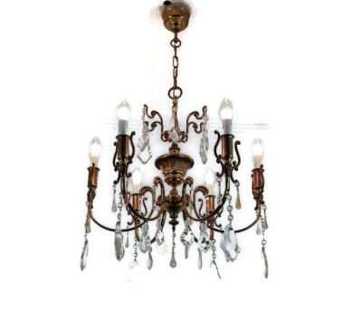 French Chandelier Romantic with Prisms Gold Gilded Brass Vintage fixture Lamp Hollywood regency