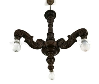 Chandelier vintage carved wood Country style 3 lights arms fixture light barn style