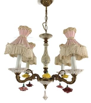 Chandelier Italy Italian Porcelain Ornate fabric lamp shades pink vintage 4 lights 