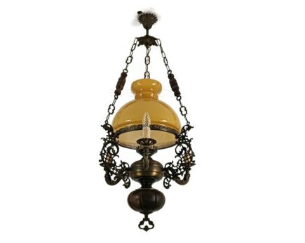 Antique gorgeous Lampe belge Glass shade Brown yellow Brass wood 4 lights ornate