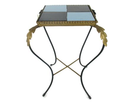 Vintage Side Table Plant stand Mosaic tiles Checkered  Wrought Iron