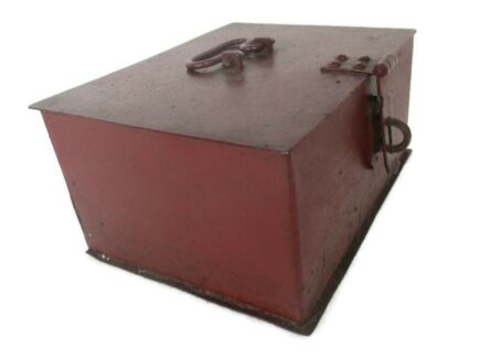 Merchant Cash Chest Money Box Old hand Crafted Iron Antique Primitive Red