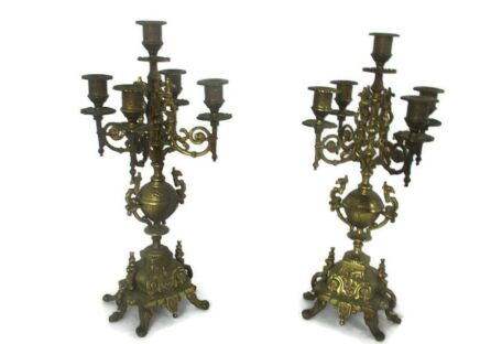 Couple Candle Holders Brass  Ornate Hollywood regency Style Stylish Candelabra 5 arm 