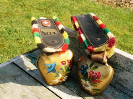 Pair of 2 Vintage Authentic Swiss Cowbells Rustic Bell Strap Klausenpass Leysin