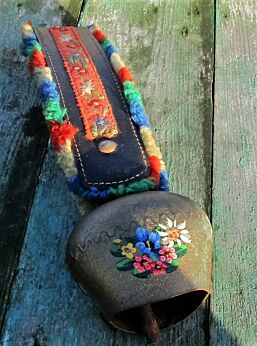 Vintage Authentic Swiss Cowbell Rustic Bell Strap Painted Flowers