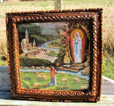 Extremely rare Music Box Lourdes Virgin Mary St Bernadette French Framed Glass