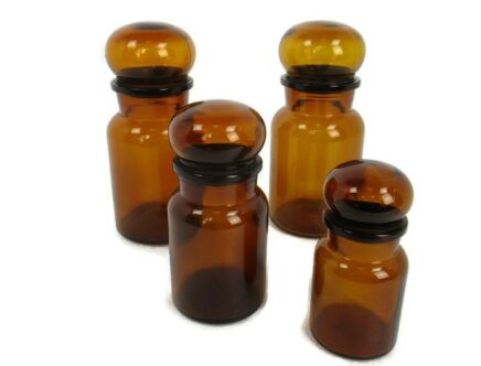 Vintage set of 4 glass containers Bubble Lid Jars Apothecary Bottles   Brown Amber  Belgium