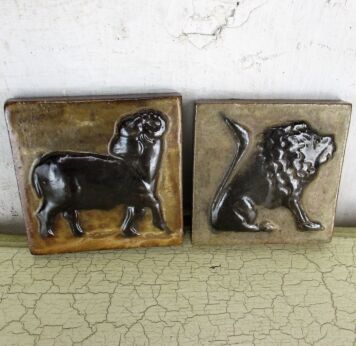 2 Small Vintage Retro Ceramic Tiles Decorative Brown Lion Lamb Glazed