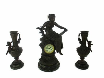 3 Piece Garniture Mantle Set Clock Vases L & F Moreau French Cherubs Girl WOW