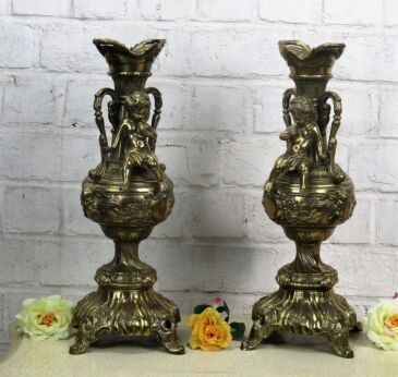 Vintage Couple Candle Holders Ornate Sitting Angels Cherubs Putti Brass 16.53"