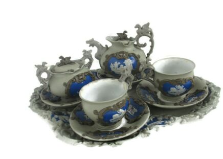 Antique breakfast set Mettlach Boch Stoneware Cameo Dragons 1900s Extremely Rare