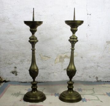 Antique 19th Century Couple pair Easter Church Altar Brass Candle Holders 32.67"