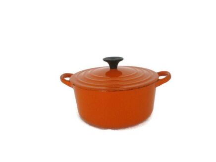 Small vintage French Le Creuset Authentic Orange Flame Cast Iron Dutch Oven Casserole