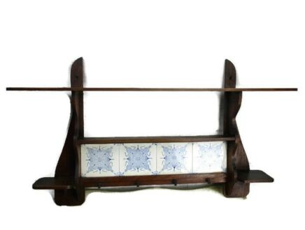 Antique Barn wooden Kitchen Coat Hat Rack Wall Hanging Delft Tiles Blue White