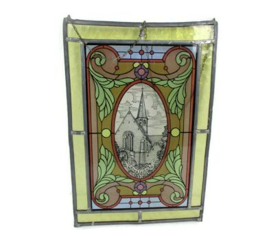 Vintage Stained Leaded Glass Art Panel Church Belgium Desteldonk Collector