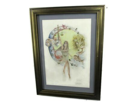 Aquarel by Hubert Stuyvaert titled Ecliptica Gorgeous Painting of the Zodiac Framed Brass