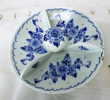 Delft Blue Faience Pottery Marked White Blue Appetizer Serving Dish Divided