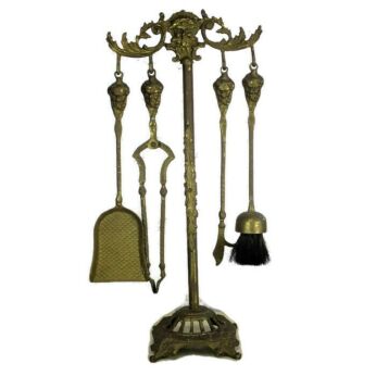 Gothic Superb Brass Fireplace Set Tools Vintage 4 Pieces Ornate Mythical figures