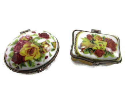 Pair Couple Romantic Pill jewelry Trinket Boxes Hinged Lovely Marked Crown over J Flowers