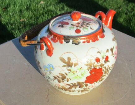 Antique 19th century Japanese Teapot Marked Katuni? Rattan handle ceramic