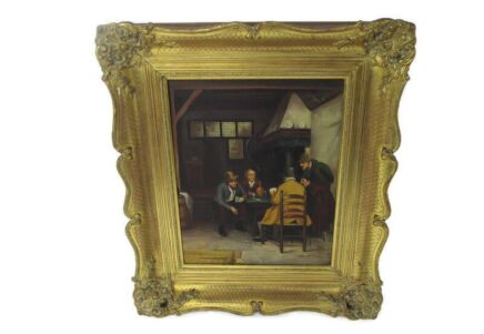 Lovely Oil Painting on Canvas Framed Beautiful Men Playing cards in the Pub Signed Builens